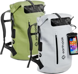 Earth Pak Waterproof Backpack - Heavy Duty Roll-Top Closure with Easy Access Front-Zippered Pocket and Cushioned Padded Back Panel for Comfort with IPX8 Waterproof Phone Case