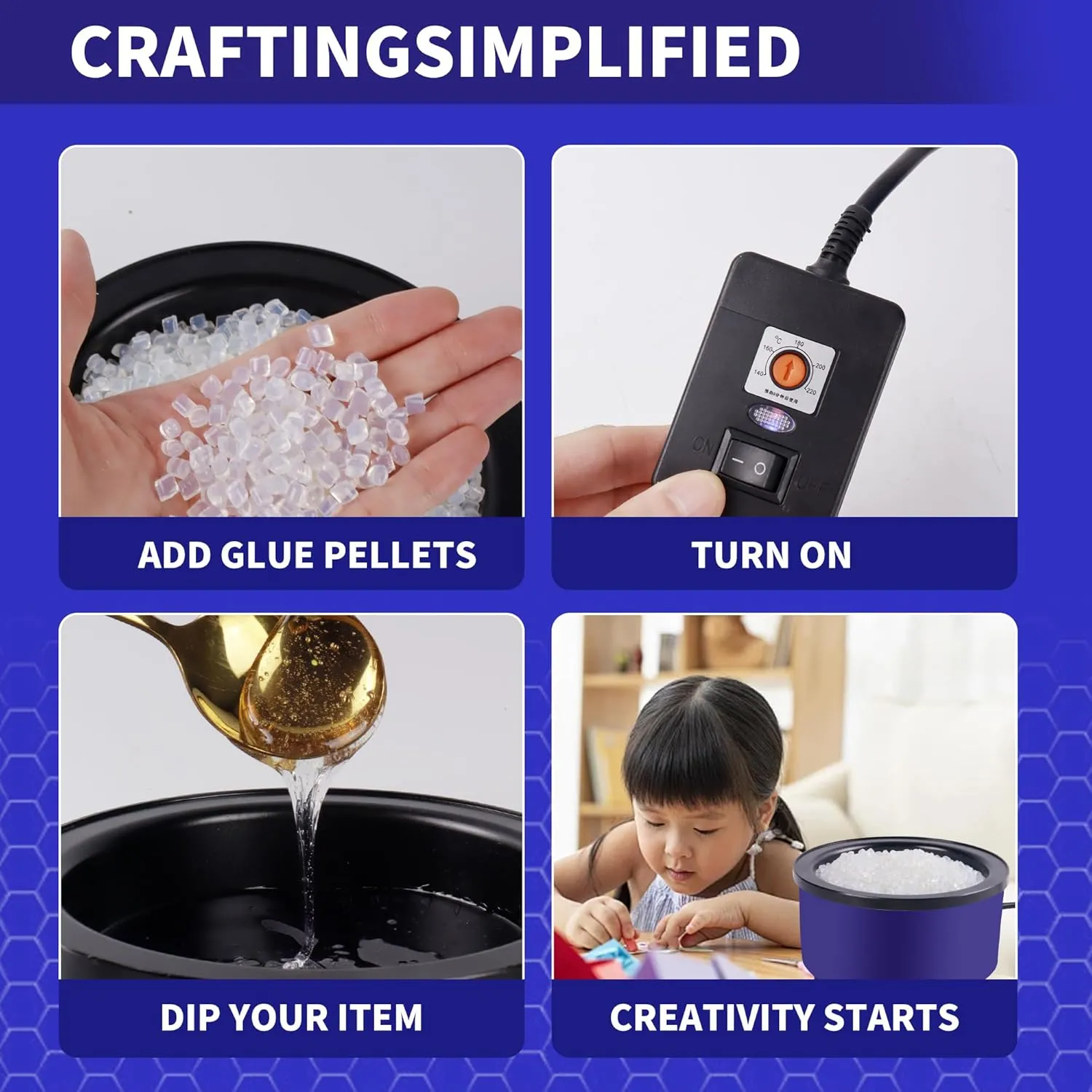 Electric Glue Pot for Crafts, 225-400°F Adjustable Temperature, 160ml Hot Pot, 5-1/4" Diameter, 1" Depth - Fits Sticks and Glue Pellets - Great for Crafts, DIY Projects Pellets
