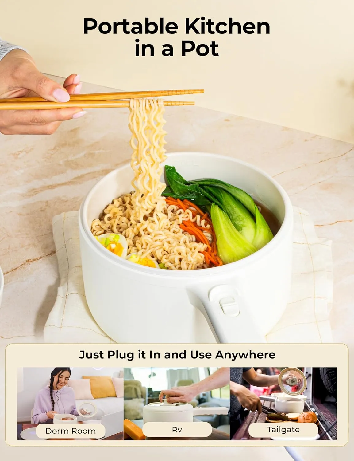 Electric Pot with Lid and Steamer, 1.5L Ceramic Hot Skillet, Ramen Cooker, Portable Nonstick Hotpot Cooker Frying Pan for Dorm Room Essentials, Camping, RVs, Work