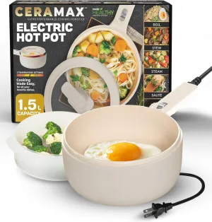 Electric Pot with Lid and Steamer, 1.5L Ceramic Hot Skillet, Ramen Cooker, Portable Nonstick Hotpot Cooker Frying Pan for Dorm Room Essentials, Camping, RVs, Work
