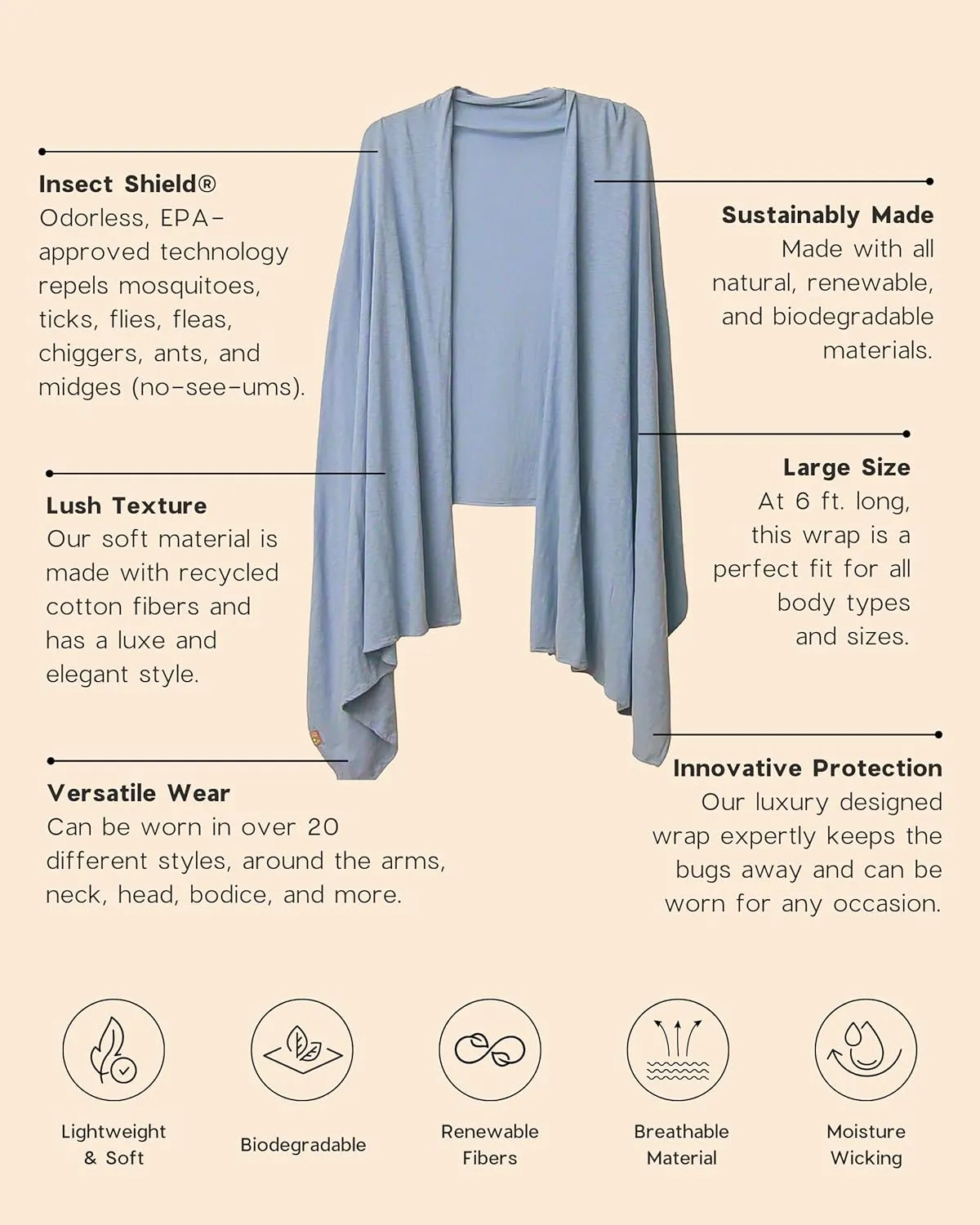 Essential Wrap with Insect Shield® in Soft Recycled Cotton Repels Mosquitoes, Ticks, Flies, Fleas, Ants & More