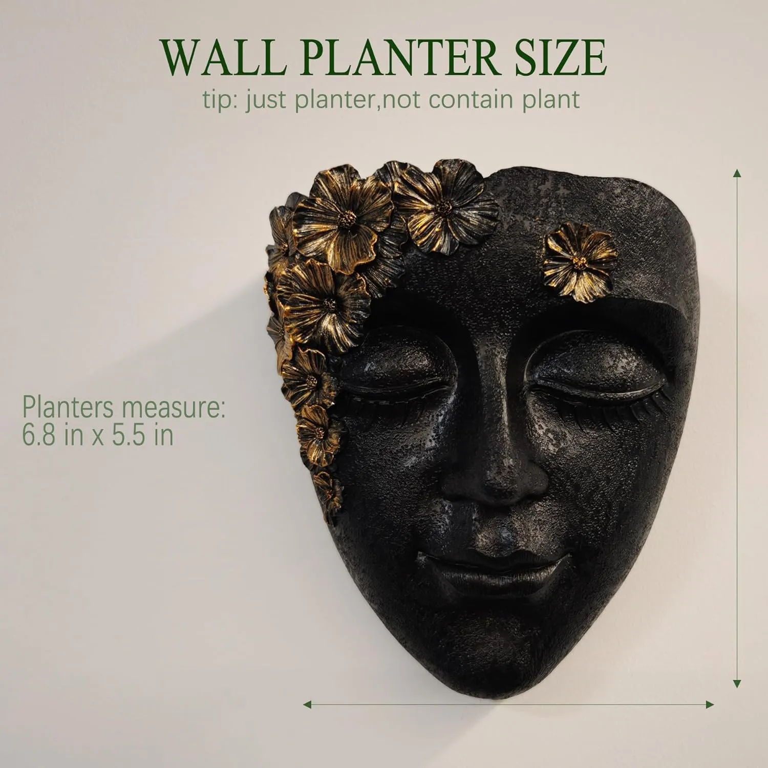 Face Shape Wall Planter Elegant Black Resin Wall-Mounted Head Pot with Drainage Hole Unique Small Vase Holder for Flower,Succulents, Hanging Plants for Plant Lovers