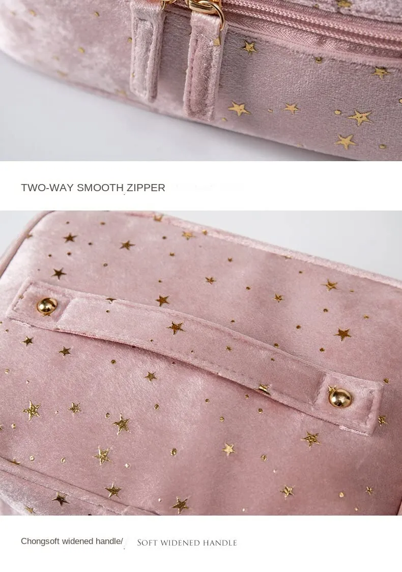 Fairycore Star Makeup Bag Coquette Cutecore Makeup Pouch Luxury Velvet Portable Cosmetic Bag Aesthetic Toiletry Bags (Pink)