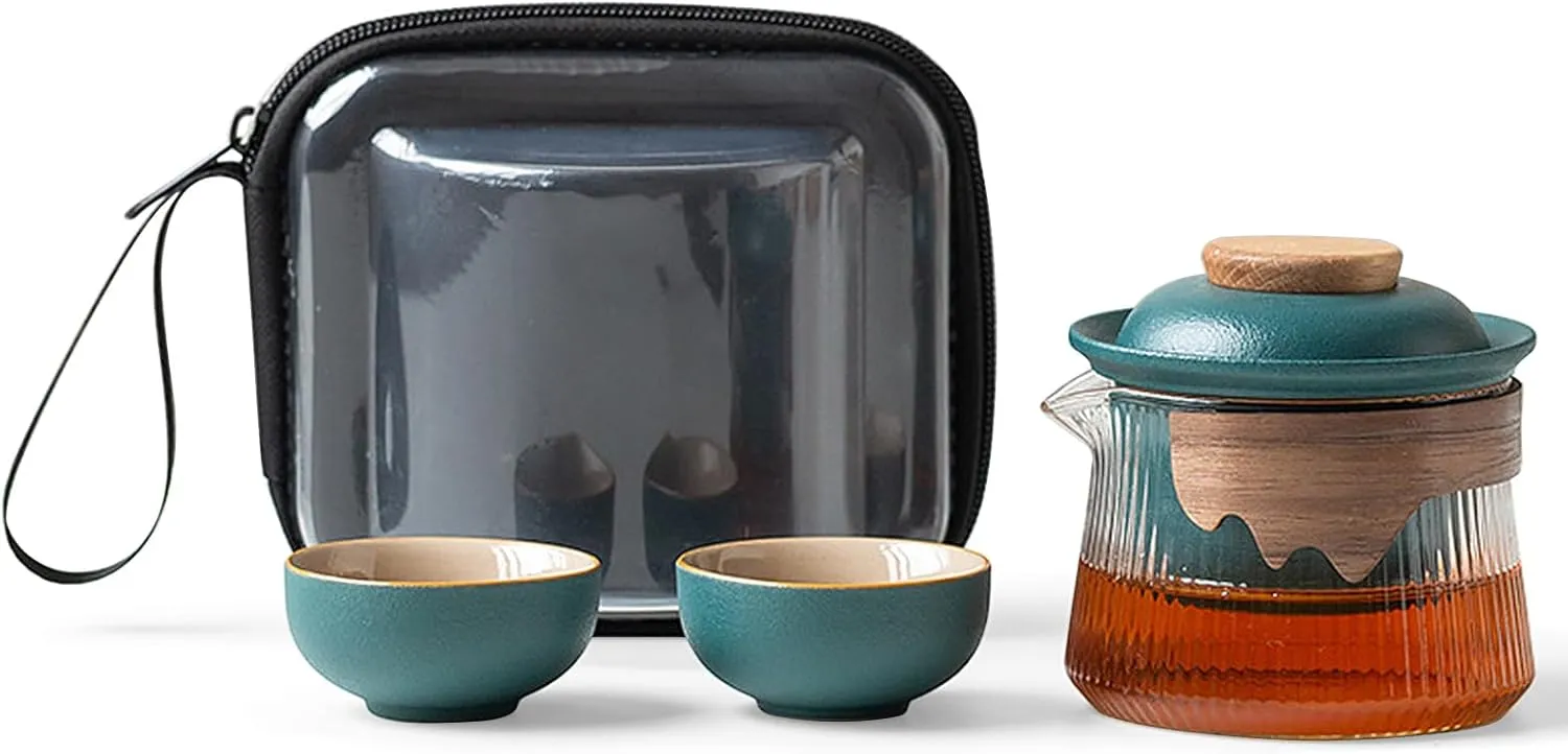 fanquare Ceramic Tea Pot Set Porcelain Kung Fu Teapot Set with 2 Mini Teacups Infuser Portable Handbag for Travel Tea Pot with Wooden Protection, Green