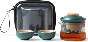 fanquare Ceramic Tea Pot Set Porcelain Kung Fu Teapot Set with 2 Mini Teacups Infuser Portable Handbag for Travel Tea Pot with Wooden Protection, Green
