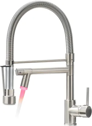 Fapully Kitchen Faucets with Pull Down Sprayer,Commercial Single Handle Kitchen Sink Faucet with LED Light,Brushed Nickel