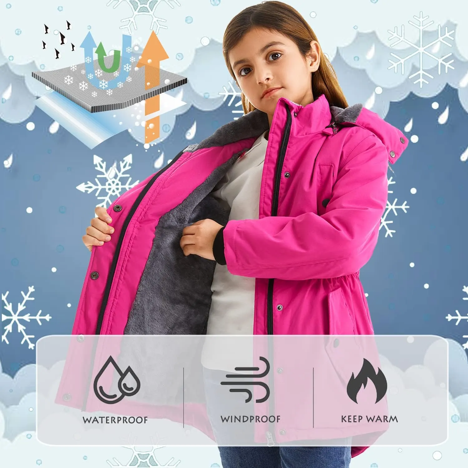 FARVALUE Girls' Long Winter Coats Warm Parka Lined Puffer Jacket Thicken Fleece Hooded Coat with Fur Collar for Girls