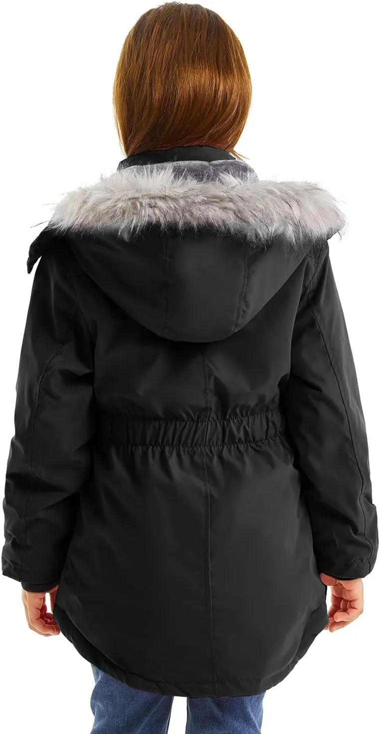 FARVALUE Girls' Long Winter Coats Warm Parka Lined Puffer Jacket Thicken Fleece Hooded Coat with Fur Collar for Girls