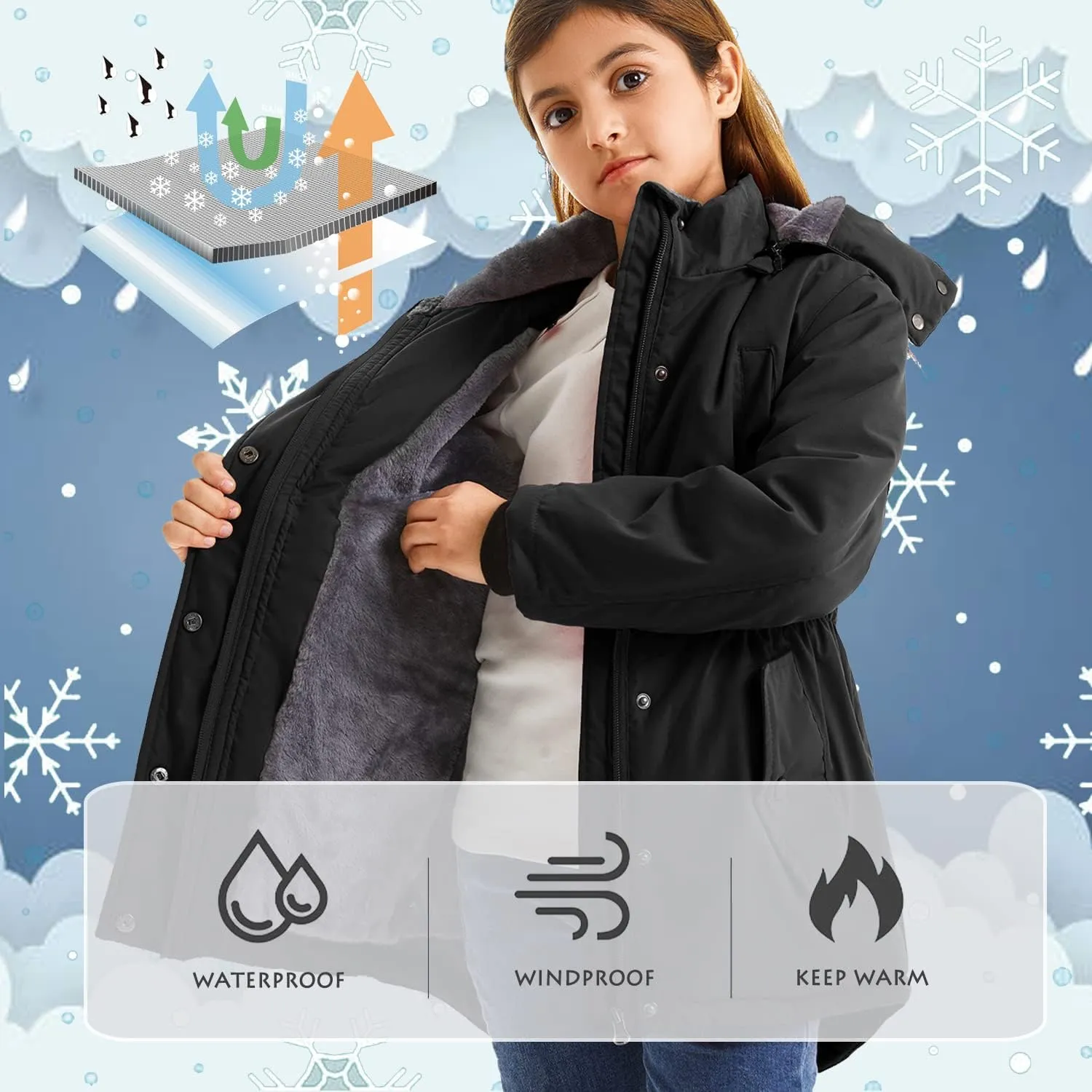 FARVALUE Girls' Long Winter Coats Warm Parka Lined Puffer Jacket Thicken Fleece Hooded Coat with Fur Collar for Girls