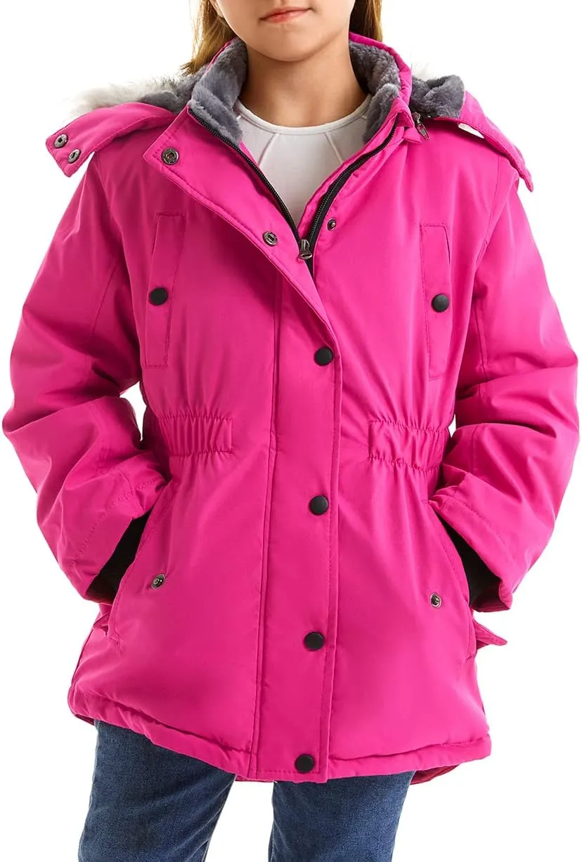 FARVALUE Girls' Long Winter Coats Warm Parka Lined Puffer Jacket Thicken Fleece Hooded Coat with Fur Collar for Girls