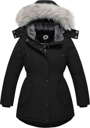 FARVALUE Girls' Long Winter Coats Warm Parka Lined Puffer Jacket Thicken Fleece Hooded Coat with Fur Collar for Girls