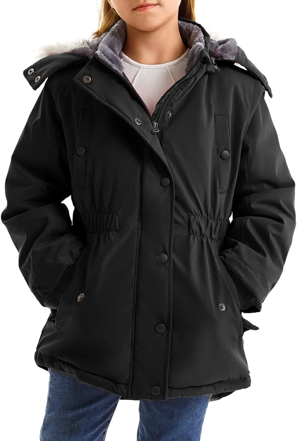 FARVALUE Girls' Long Winter Coats Warm Parka Lined Puffer Jacket Thicken Fleece Hooded Coat with Fur Collar for Girls