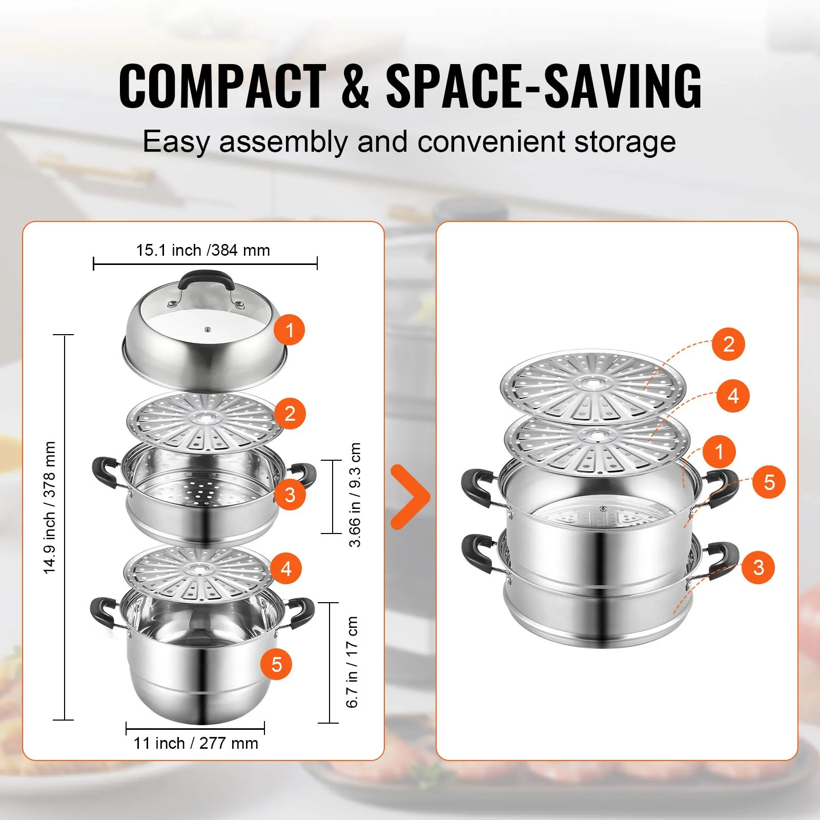 (FINAL PRICES ARE LOWER ON OUR SITE!) VEVOR Steamer Pot 11in/28cm, 3 Tier Steamer Pot for Cooking with 8.5QT Stock Pot, Vegetable Steamer & 2 Steaming Tray, Food-Grade 304 Stainless Steel Food Steamer Cookware for Gas Electric Stove Grill