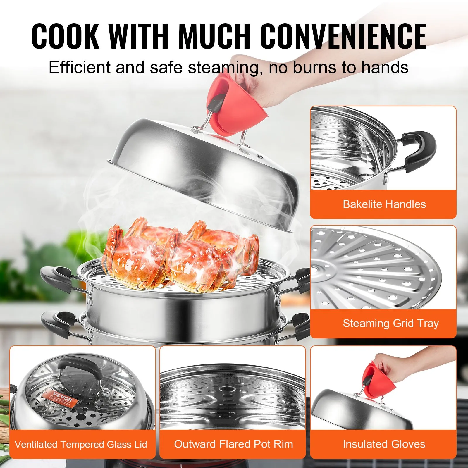 (FINAL PRICES ARE LOWER ON OUR SITE!) VEVOR Steamer Pot 11in/28cm, 3 Tier Steamer Pot for Cooking with 8.5QT Stock Pot, Vegetable Steamer & 2 Steaming Tray, Food-Grade 304 Stainless Steel Food Steamer Cookware for Gas Electric Stove Grill