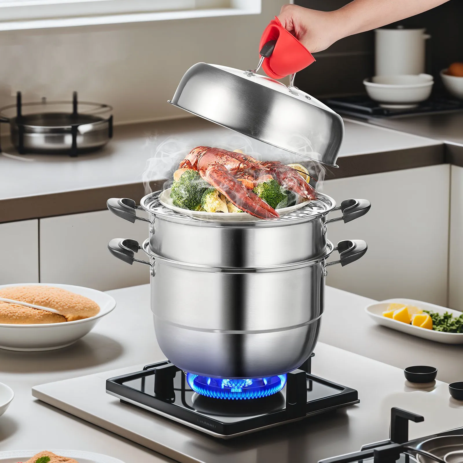 (FINAL PRICES ARE LOWER ON OUR SITE!) VEVOR Steamer Pot 11in/28cm, 3 Tier Steamer Pot for Cooking with 8.5QT Stock Pot, Vegetable Steamer & 2 Steaming Tray, Food-Grade 304 Stainless Steel Food Steamer Cookware for Gas Electric Stove Grill