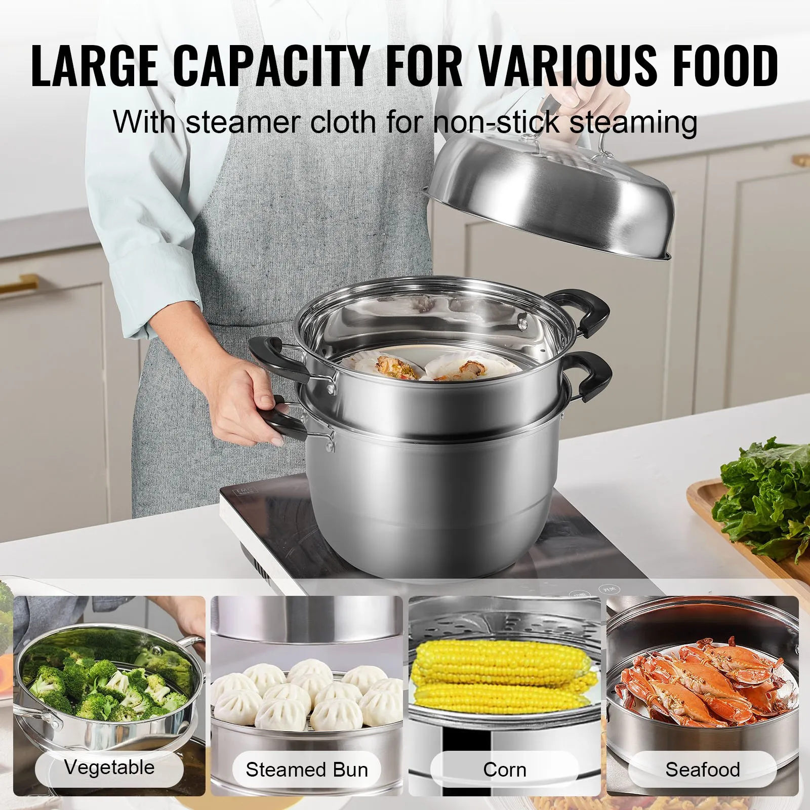 (FINAL PRICES ARE LOWER ON OUR SITE!) VEVOR Steamer Pot 11in/28cm, 3 Tier Steamer Pot for Cooking with 8.5QT Stock Pot, Vegetable Steamer & 2 Steaming Tray, Food-Grade 304 Stainless Steel Food Steamer Cookware for Gas Electric Stove Grill