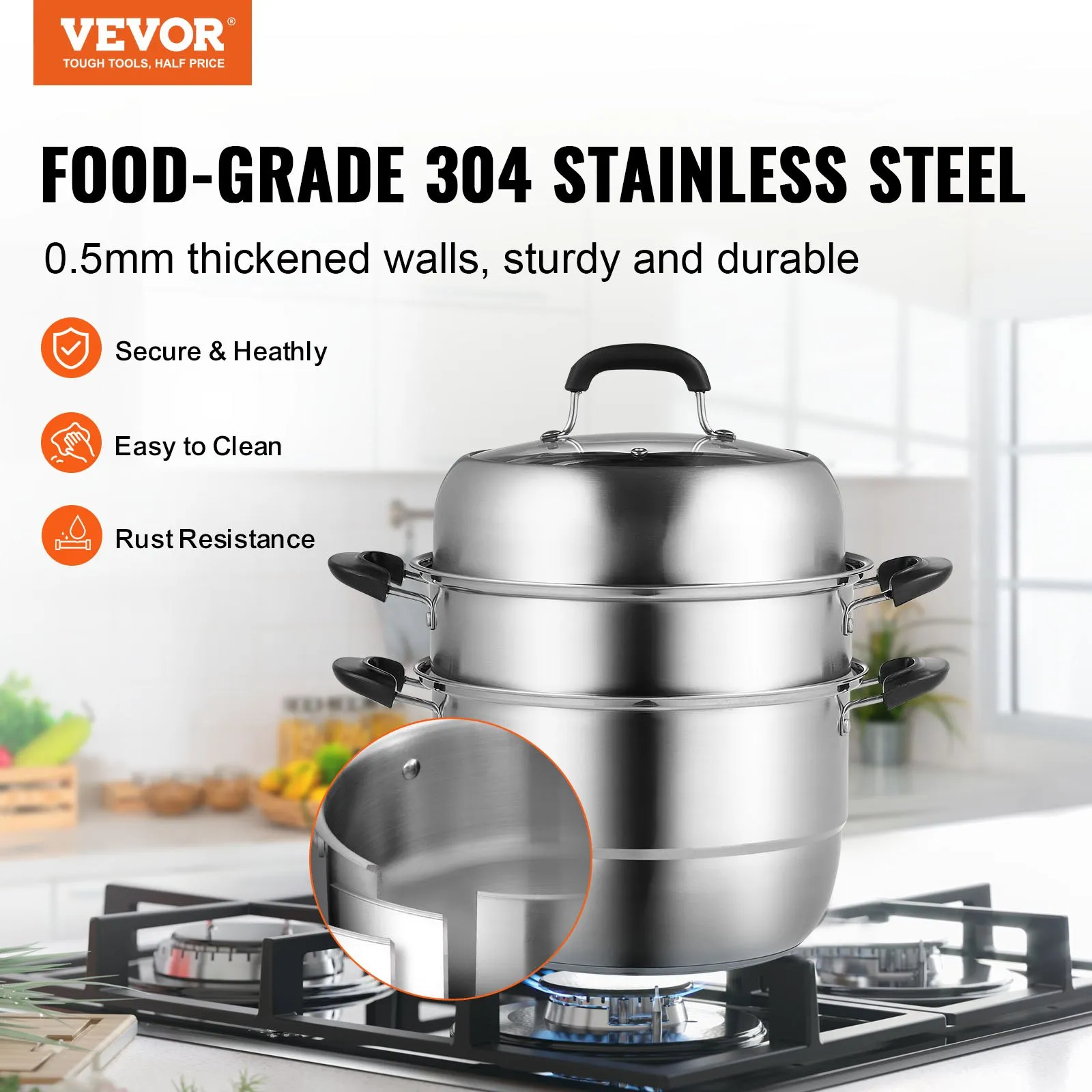 (FINAL PRICES ARE LOWER ON OUR SITE!) VEVOR Steamer Pot 11in/28cm, 3 Tier Steamer Pot for Cooking with 8.5QT Stock Pot, Vegetable Steamer & 2 Steaming Tray, Food-Grade 304 Stainless Steel Food Steamer Cookware for Gas Electric Stove Grill