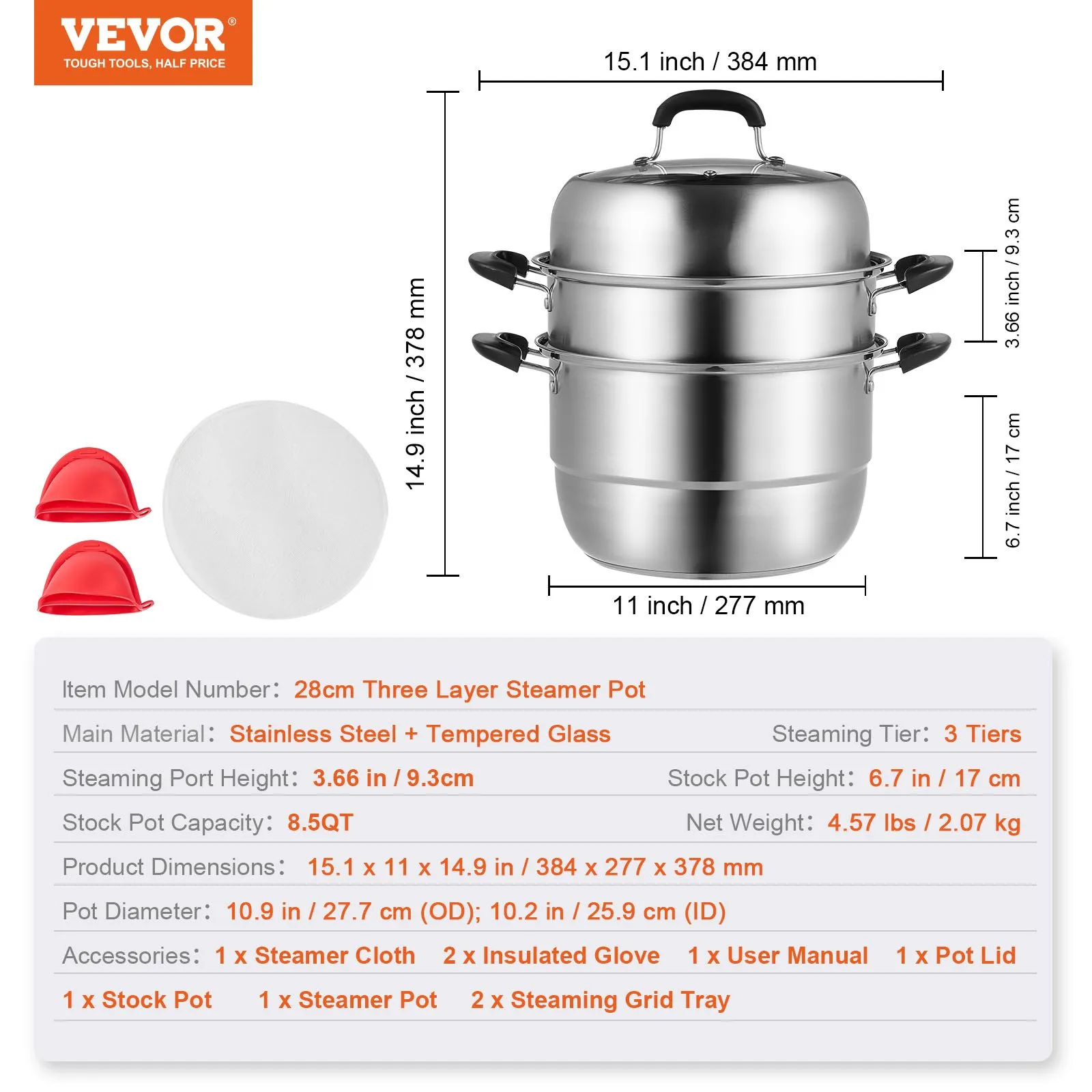 (FINAL PRICES ARE LOWER ON OUR SITE!) VEVOR Steamer Pot 11in/28cm, 3 Tier Steamer Pot for Cooking with 8.5QT Stock Pot, Vegetable Steamer & 2 Steaming Tray, Food-Grade 304 Stainless Steel Food Steamer Cookware for Gas Electric Stove Grill