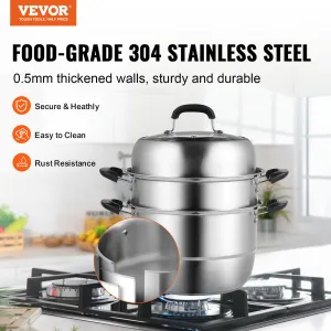(FINAL PRICES ARE LOWER ON OUR SITE!) VEVOR Steamer Pot 11in/28cm, 3 Tier Steamer Pot for Cooking with 8.5QT Stock Pot, Vegetable Steamer & 2 Steaming Tray, Food-Grade 304 Stainless Steel Food Steamer Cookware for Gas Electric Stove Grill