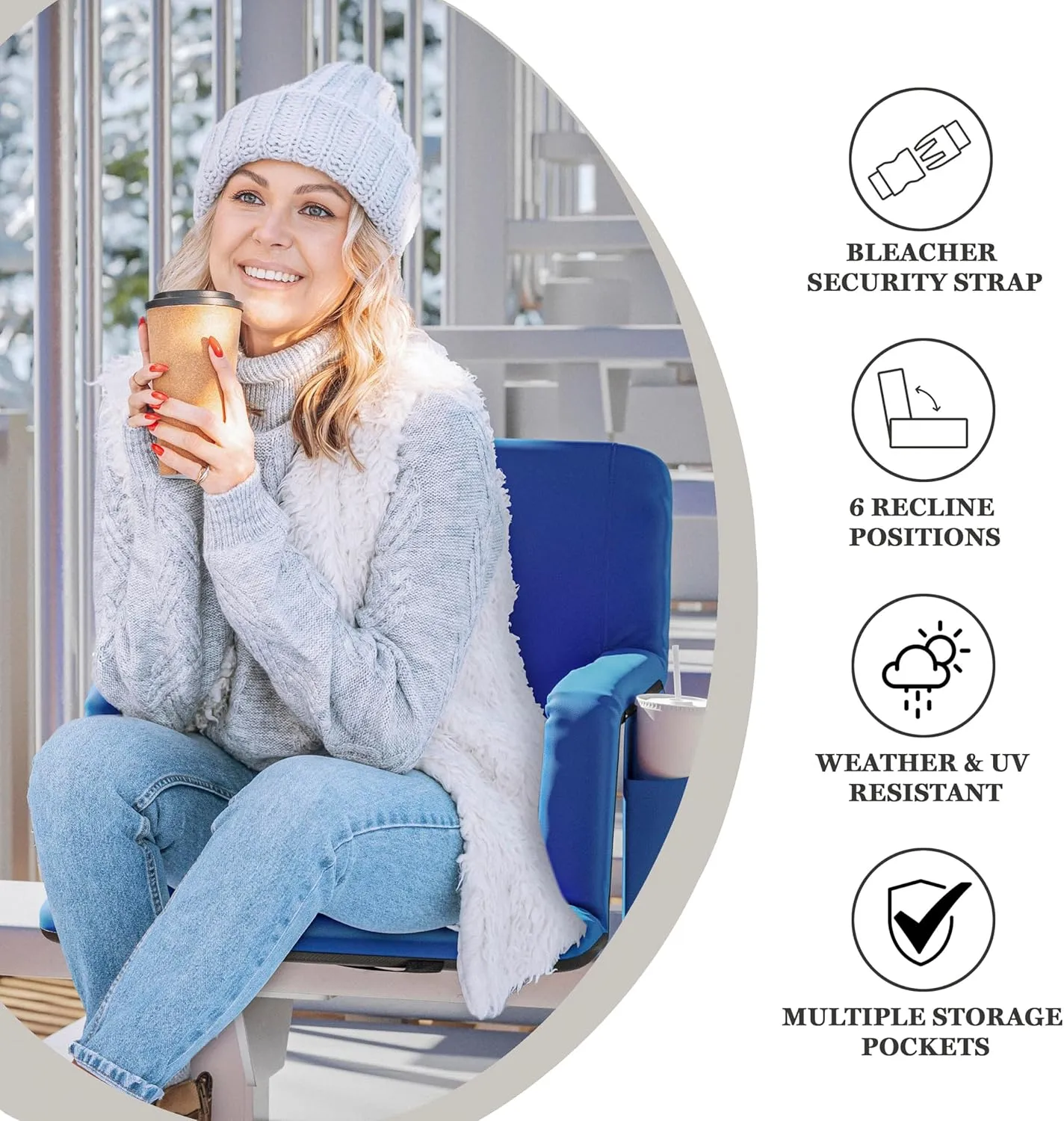 Flash Furniture Malta Heated Stadium Seat with Back Support, 6 Recline Positions, Portable Chair with Backpack Straps, USB Battery Pack Not Included, Blue