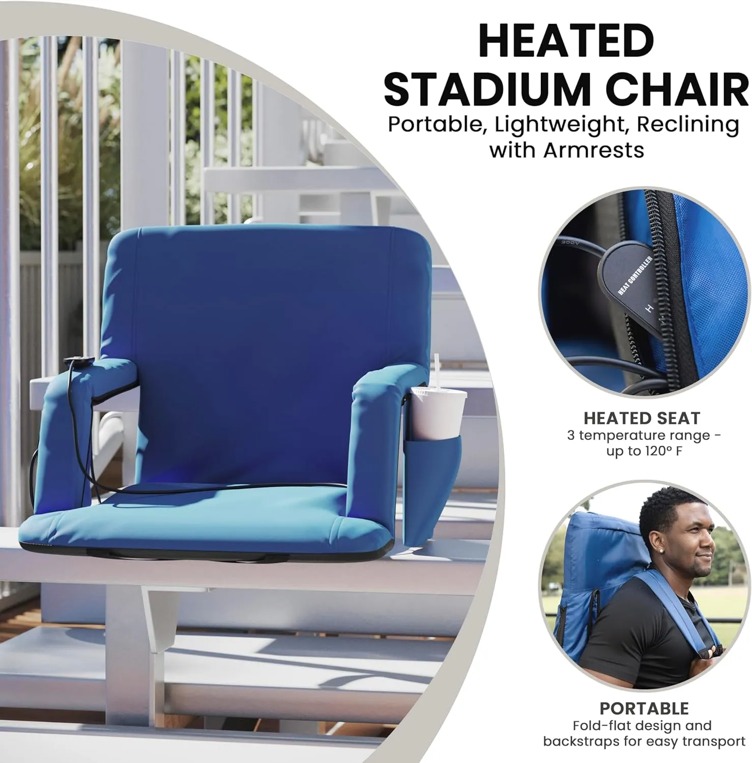 Flash Furniture Malta Heated Stadium Seat with Back Support, 6 Recline Positions, Portable Chair with Backpack Straps, USB Battery Pack Not Included, Blue