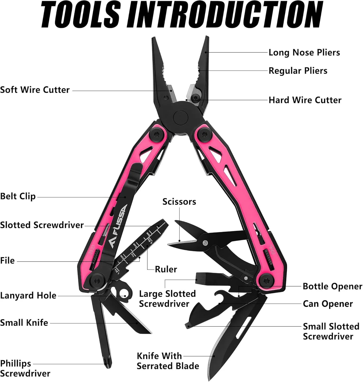 FLISSA 16-in-1 Pink Multi Tool Pliers, Gift for Father, Stainless Steel EDC Multitool with Pocket Knife, Belt Clip and Oxford Pouch, for Camping Survival Outdoor Activities