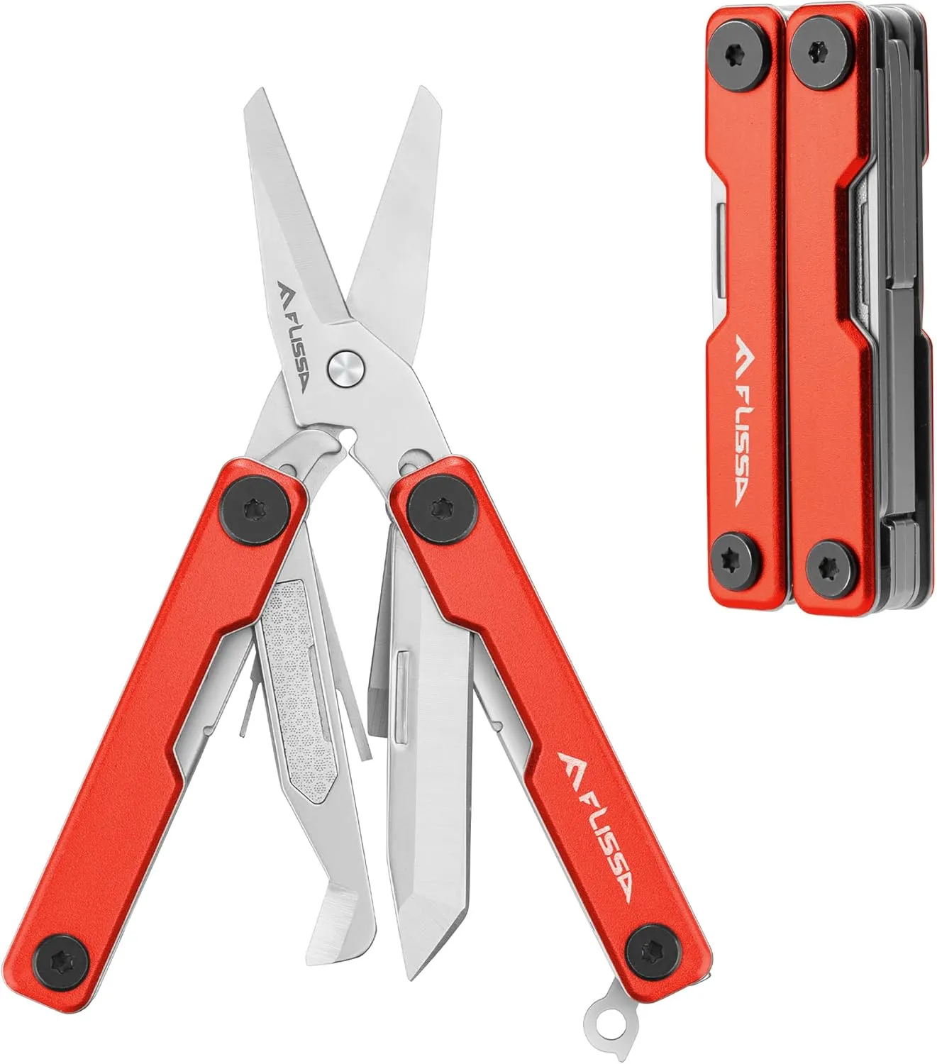 FLISSA Multitool Scissors, 11-in-1 Multi Tool Pocket Knife, Stainless Steel Mini Multitool with Bottle Opener, Screwdriver, Aluminum Handles, Spring - EDC for Outdoor, Camping, Hiking, Fishing, Red