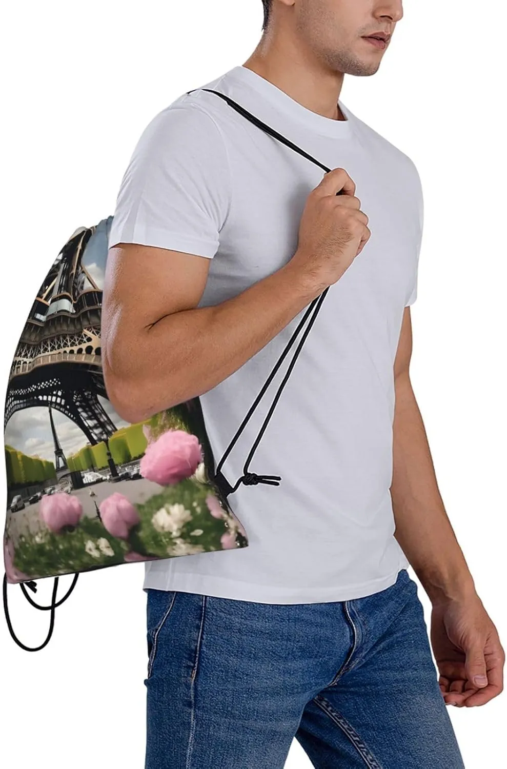 Flower Paris Eiffel Tower Print Sports Drawstring Backpack,Water Resistant Bag, Gym Backpack for Women Men