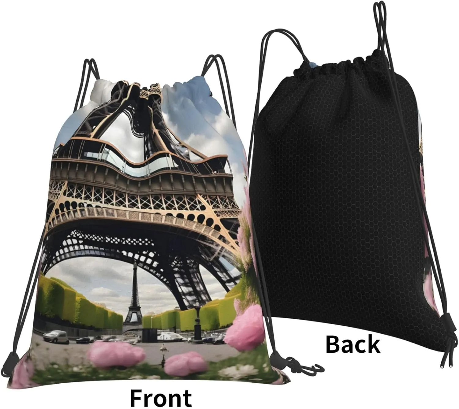 Flower Paris Eiffel Tower Print Sports Drawstring Backpack,Water Resistant Bag, Gym Backpack for Women Men
