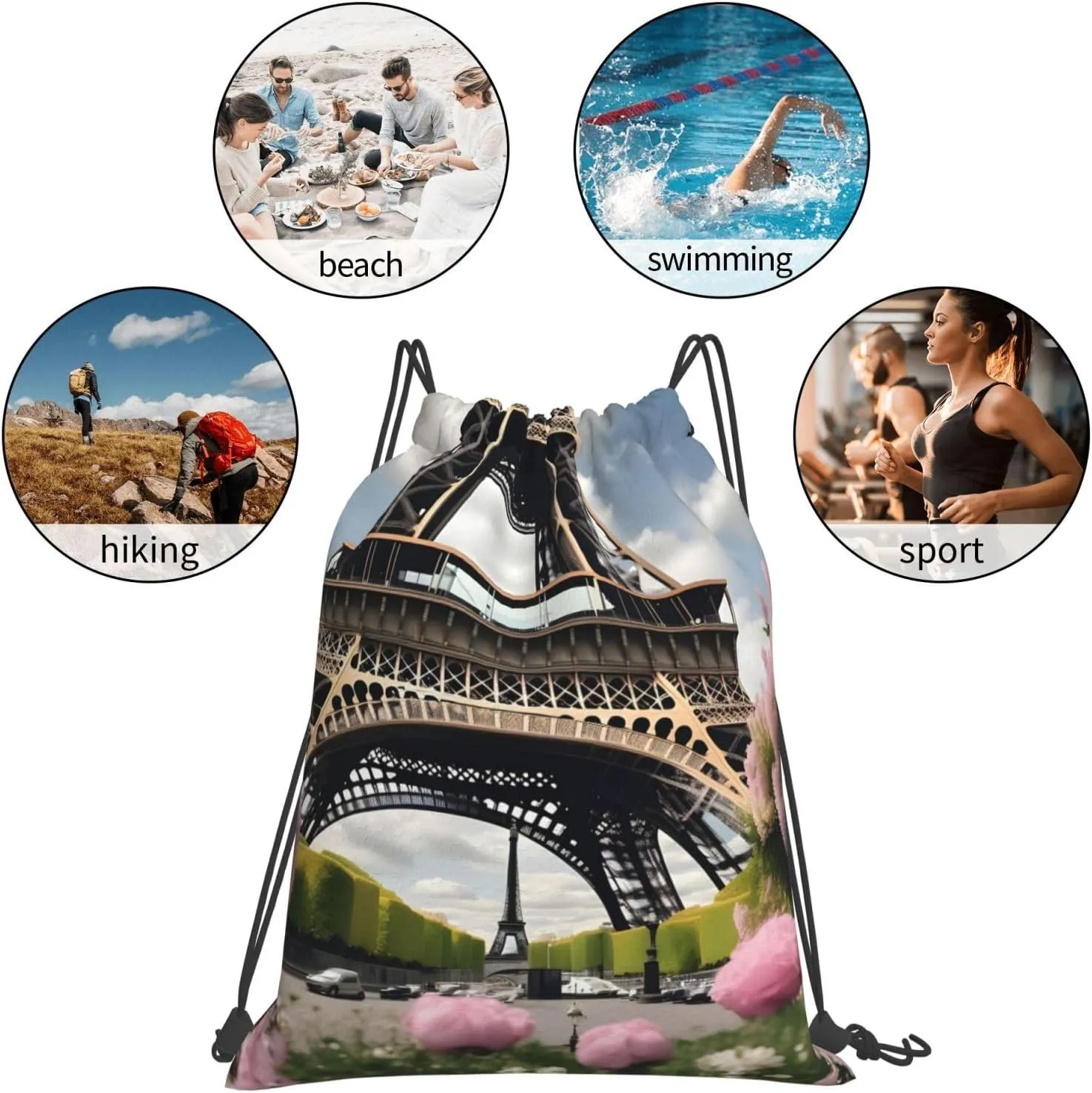 Flower Paris Eiffel Tower Print Sports Drawstring Backpack,Water Resistant Bag, Gym Backpack for Women Men
