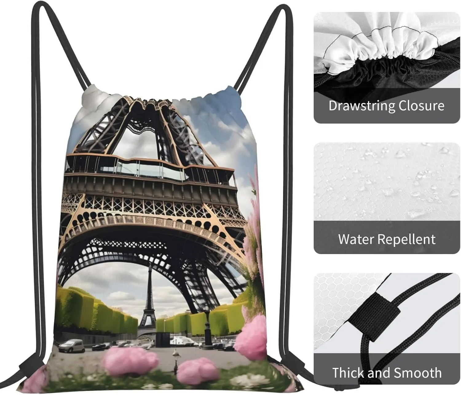 Flower Paris Eiffel Tower Print Sports Drawstring Backpack,Water Resistant Bag, Gym Backpack for Women Men