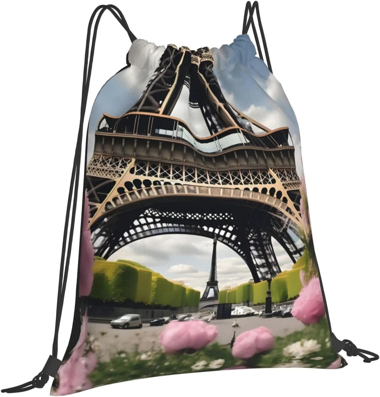 Flower Paris Eiffel Tower Print Sports Drawstring Backpack,Water Resistant Bag, Gym Backpack for Women Men