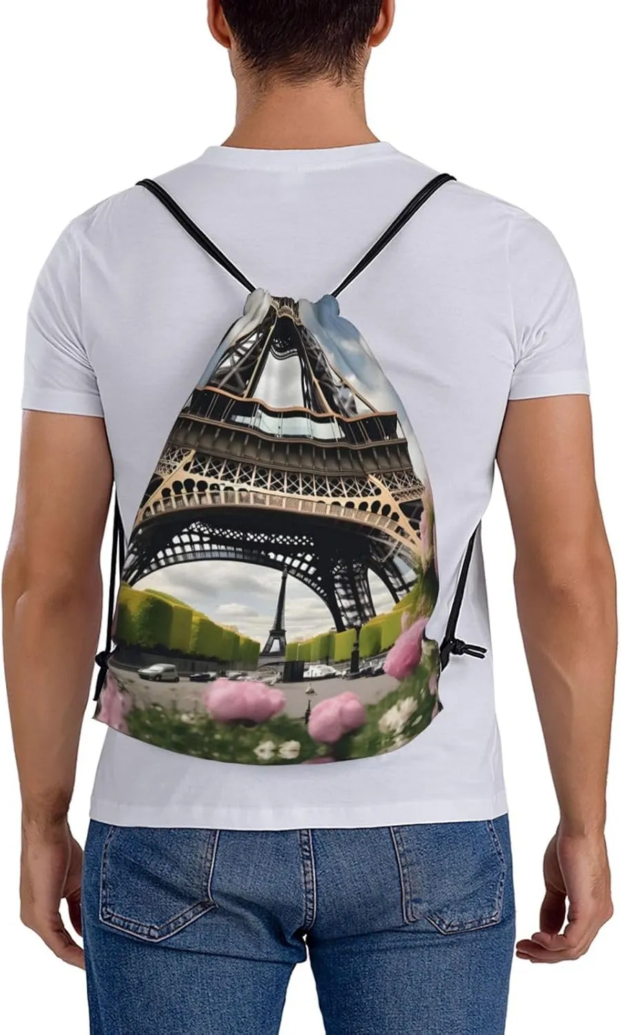 Flower Paris Eiffel Tower Print Sports Drawstring Backpack,Water Resistant Bag, Gym Backpack for Women Men