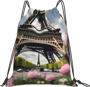 Flower Paris Eiffel Tower Print Sports Drawstring Backpack,Water Resistant Bag, Gym Backpack for Women Men