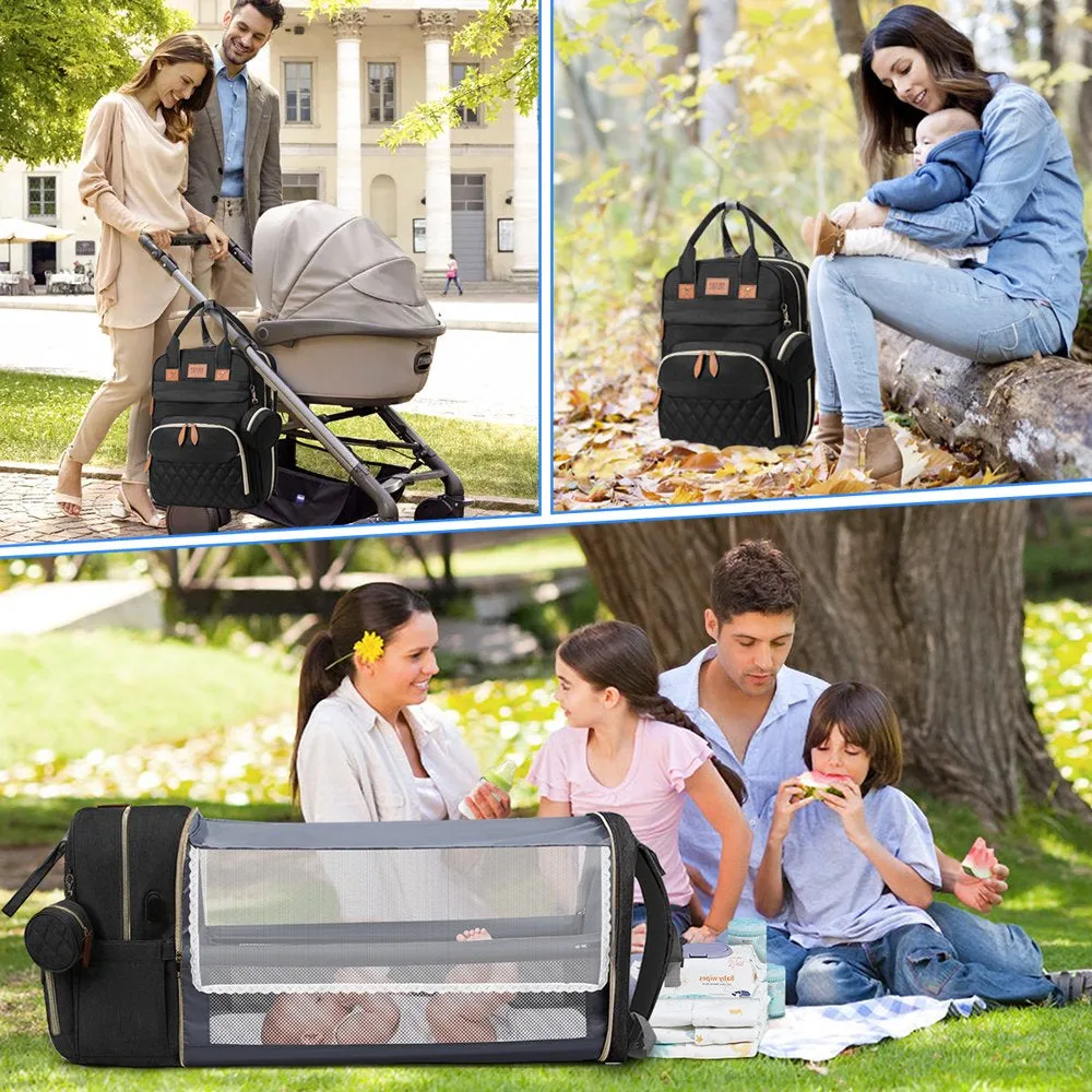 Foldable for Bag Port Crib, USB Baby Diaper Bag with Price guarantee Backpack Strap Backpack, Baby Prompt response Stroller Boy Girls(Gray) Multifunctional Large Waterproof Capacity Travel & Changing with Charging Diaper &