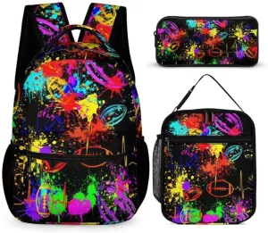 Football Backpack with Lunch Box & Pencil Case for Kids Girls Boys School, 16 Inch Cool Football Bookbag, School Backpack for Students Children, sustainable, Lightweight, Large Capacity