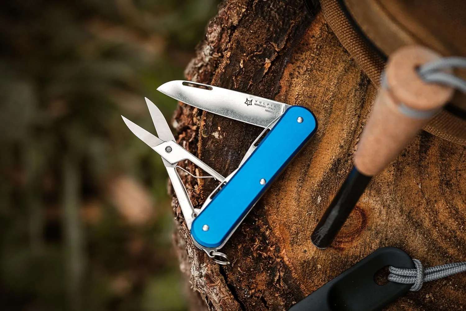 Fox Knives Vulpis FX-VP130-F4 Slipjoint Folding Knife 4-in-1 Multitool 2.17in Blade, Bottle Opener, Can Opener, Flat Head Screwdriver, Scissors - Compact Versatile Minimalist Pocket Knife (Sky Blue)