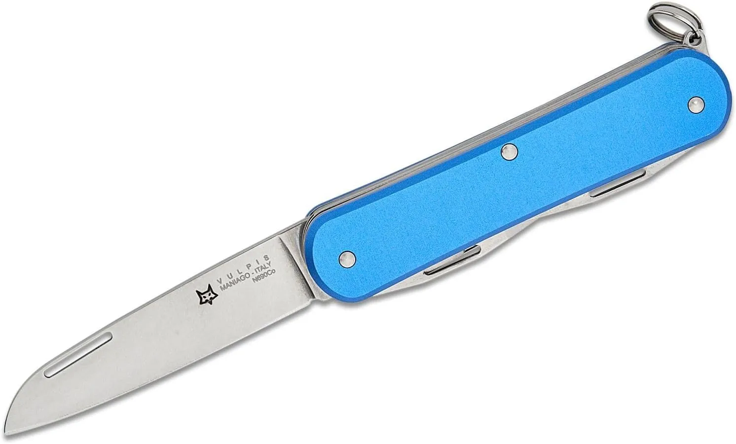 Fox Knives Vulpis FX-VP130-F4 Slipjoint Folding Knife 4-in-1 Multitool 2.17in Blade, Bottle Opener, Can Opener, Flat Head Screwdriver, Scissors - Compact Versatile Minimalist Pocket Knife (Sky Blue)