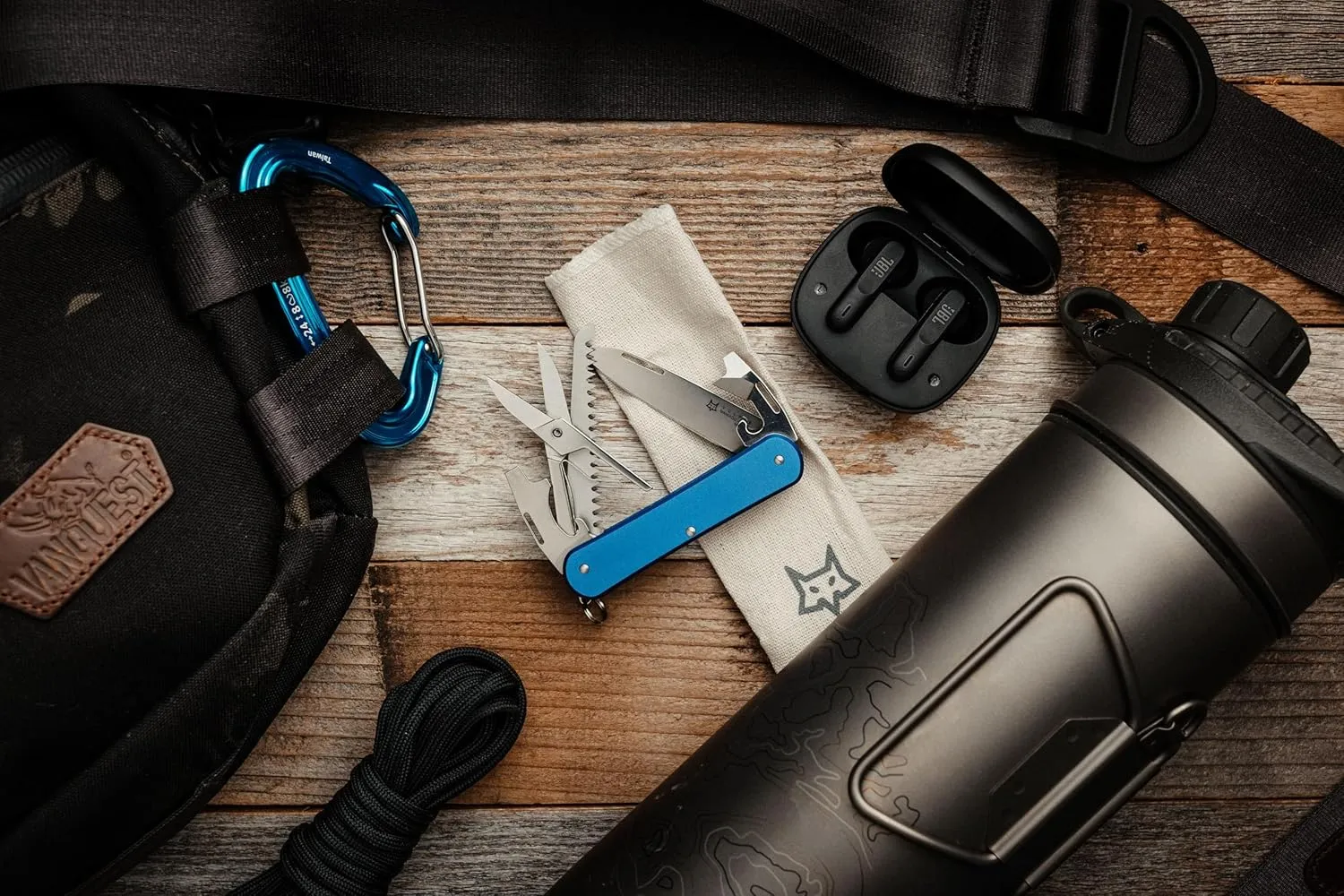 Fox Knives Vulpis FX-VP130-SF5 Slipjoint EDC Pocket Knife 5-in-1 Multitool - 2.17in Blade, Hacksaw, Bottle Opener, Can Opener, Scissors, Flat Head Screwdriver - Every Day Carry (Sky Blue)