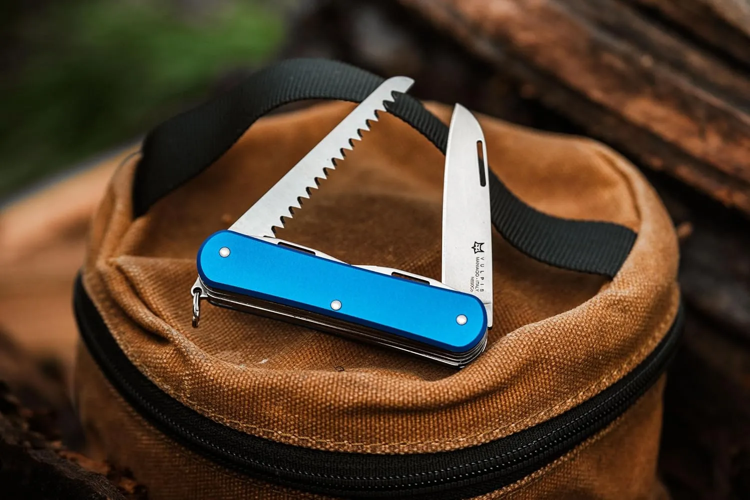 Fox Knives Vulpis FX-VP130-SF5 Slipjoint EDC Pocket Knife 5-in-1 Multitool - 2.17in Blade, Hacksaw, Bottle Opener, Can Opener, Scissors, Flat Head Screwdriver - Every Day Carry (Sky Blue)