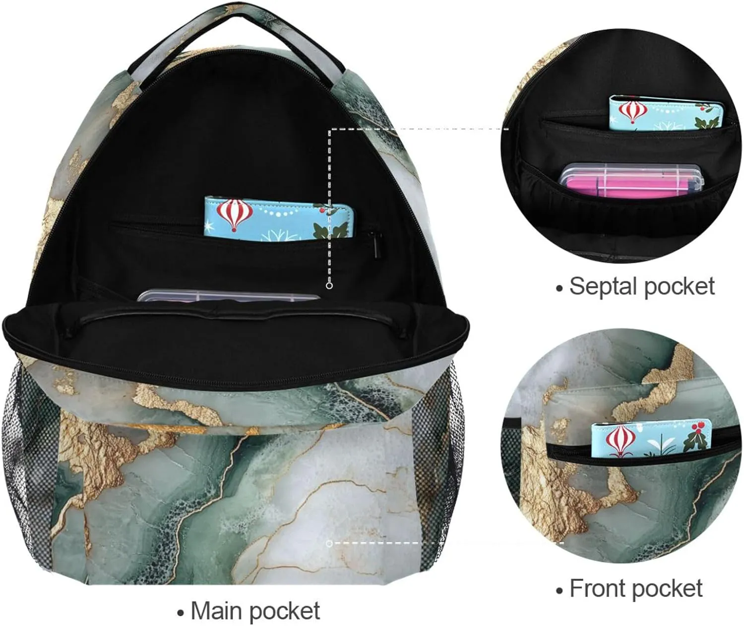 Fun Backpack for Teens Boys Girls Waterproof Stylish Travel Bags with Chest Strap for Business Work College Travel Trip Marble Sage Green White