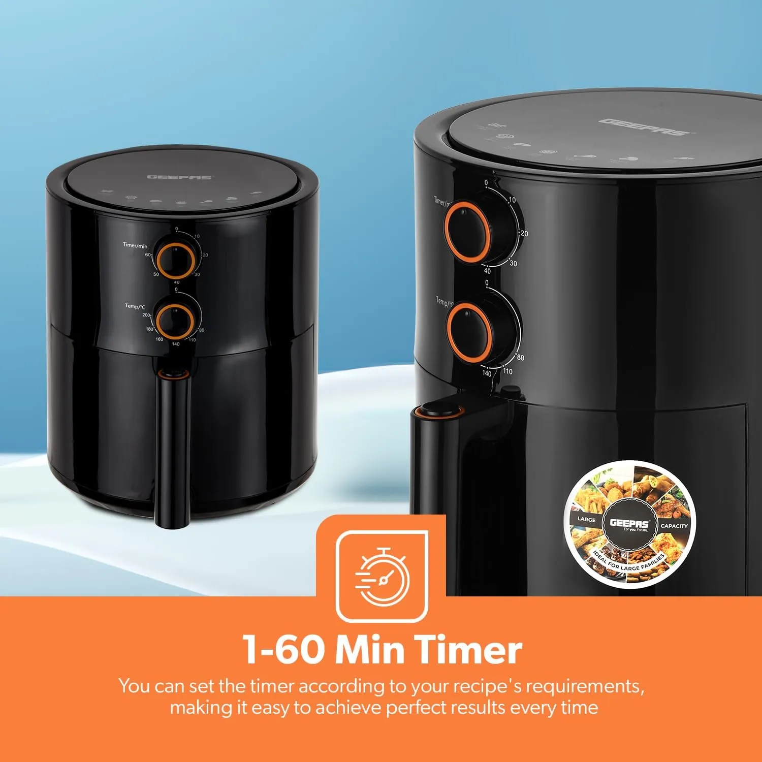 Geepas Air Fryer- GAF37513/ 4.0 L Pot, Non-Stick Coating, with Vortex Frying Technology/Multiple Function, 1-60 Min Timer, Temperature 80-200 Degree Celsius|2 Years Warranty, Black
