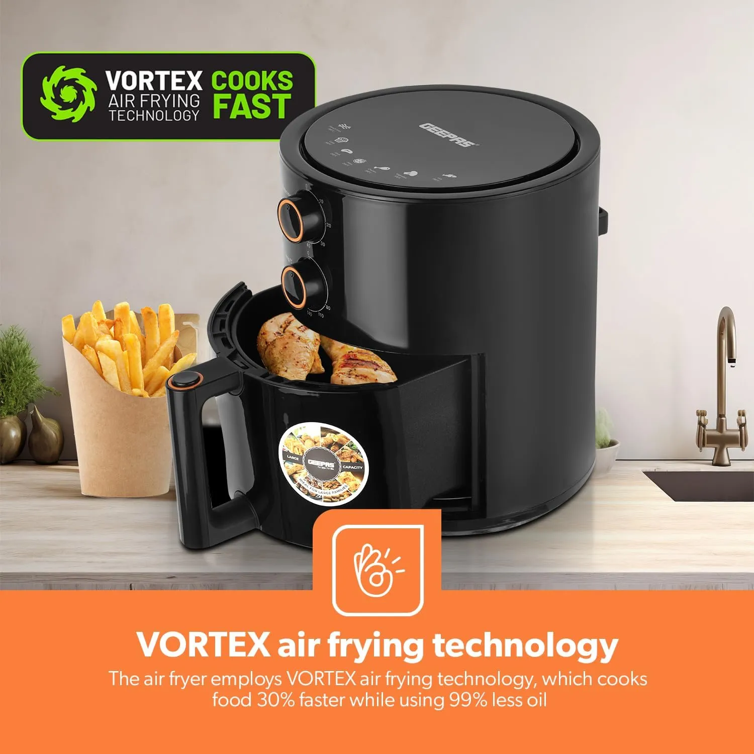Geepas Air Fryer- GAF37513/ 4.0 L Pot, Non-Stick Coating, with Vortex Frying Technology/Multiple Function, 1-60 Min Timer, Temperature 80-200 Degree Celsius|2 Years Warranty, Black