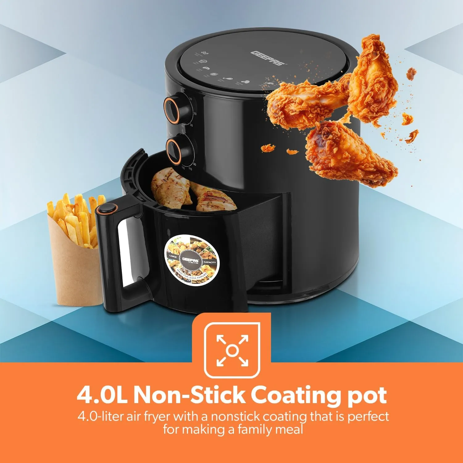 Geepas Air Fryer- GAF37513/ 4.0 L Pot, Non-Stick Coating, with Vortex Frying Technology/Multiple Function, 1-60 Min Timer, Temperature 80-200 Degree Celsius|2 Years Warranty, Black