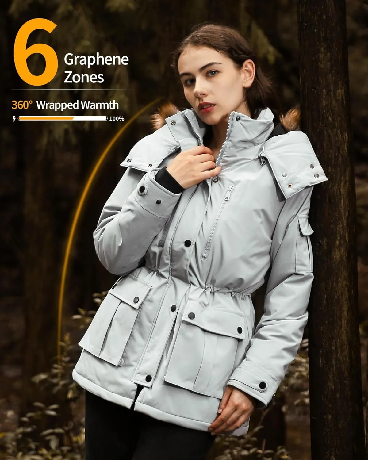Genovega Heated Jacket Women Long Puffer Ladies Warming Coat Electric