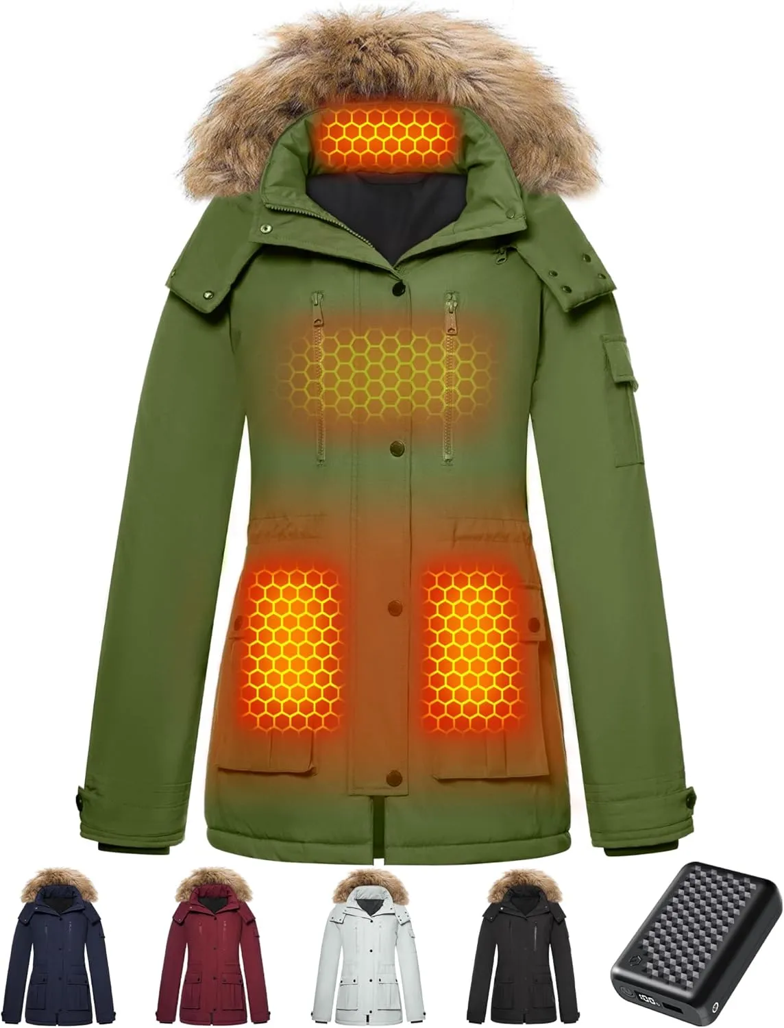 Genovega Heated Jacket Women Long Puffer Ladies Warming Coat Electric