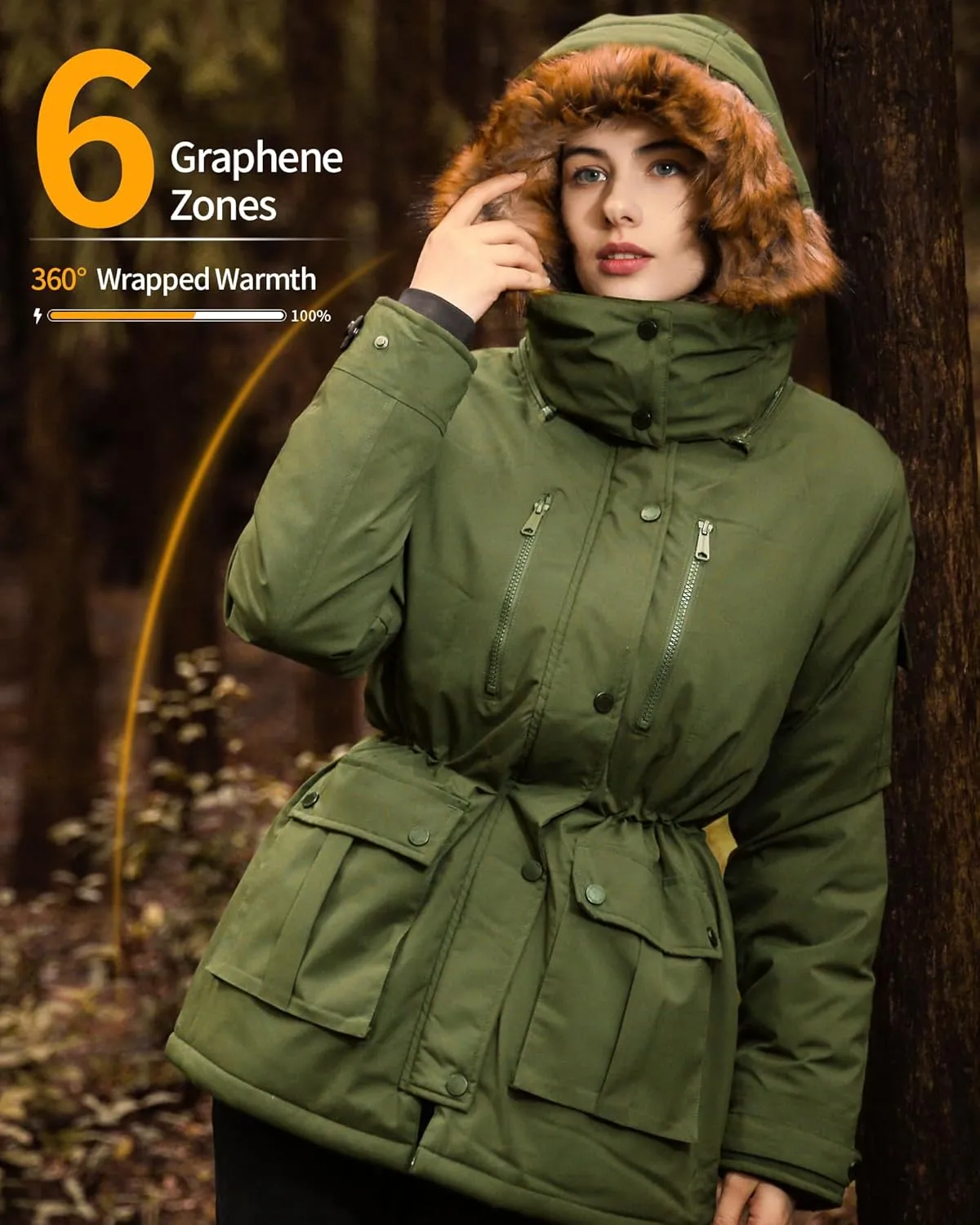 Genovega Heated Jacket Women Long Puffer Ladies Warming Coat Electric