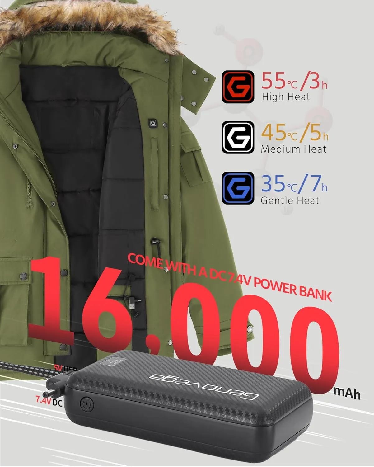 Genovega Heated Jacket Women Long Puffer Ladies Warming Coat Electric