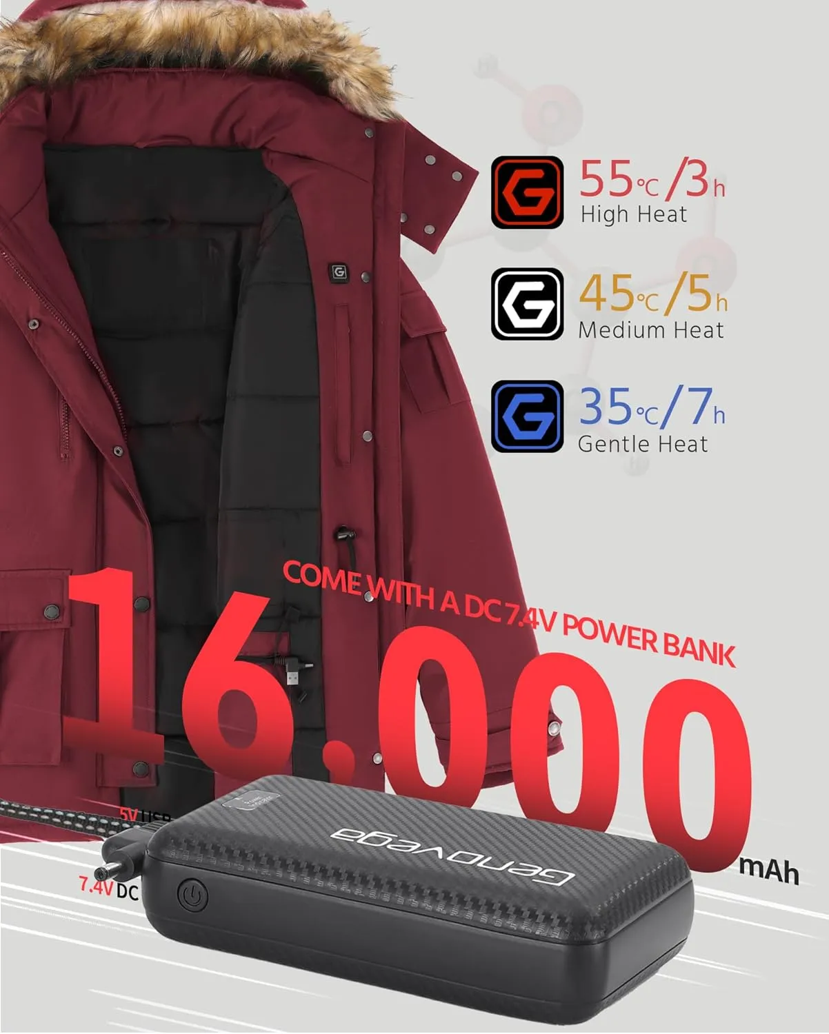Genovega Heated Jacket Women Long Puffer Ladies Warming Coat Electric