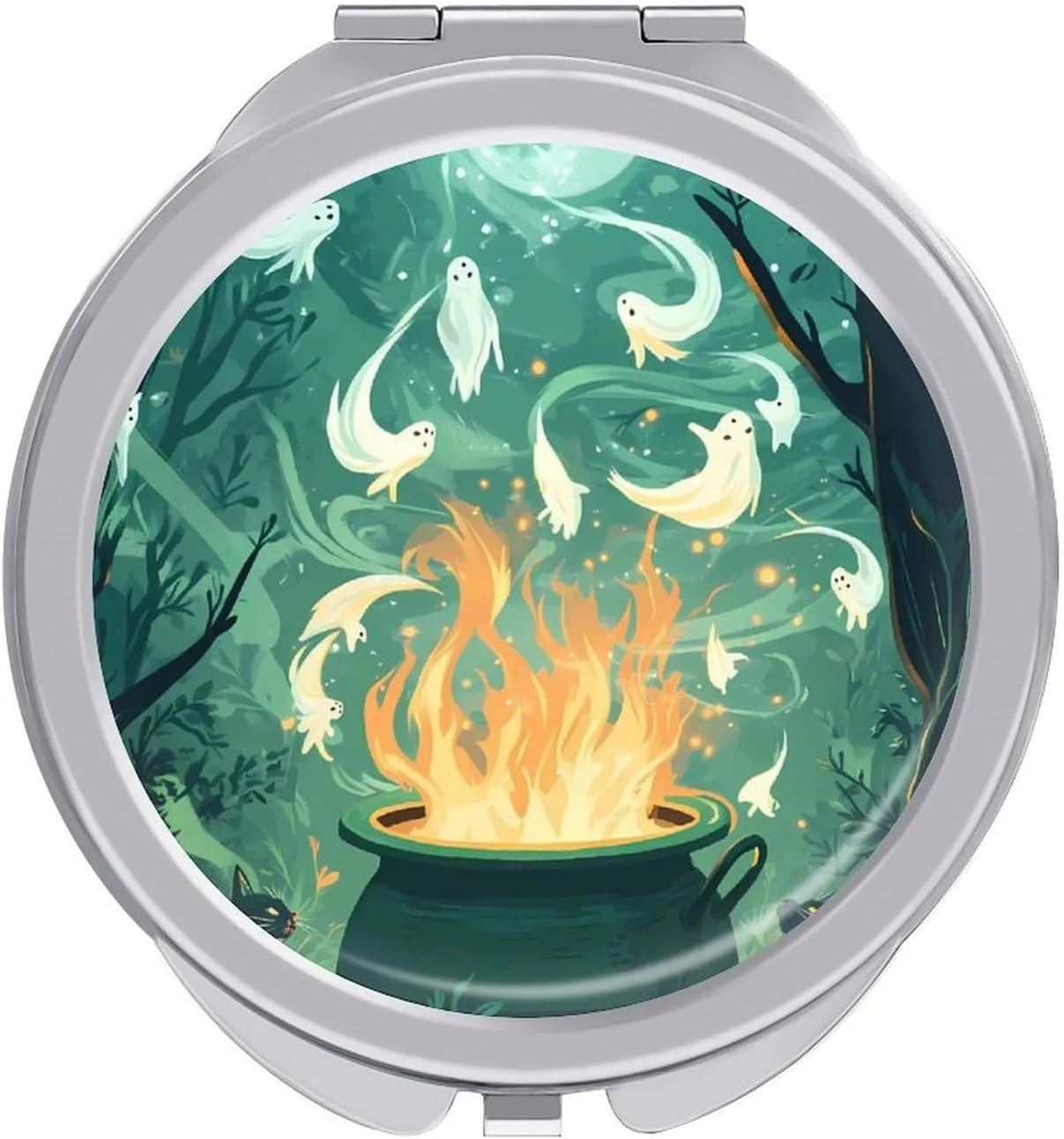 Ghost in Witch Pot Print Compact Makeup Mirror Mini Foldable Cosmetic Mirror Portable Travel Mirror for Purse Pocket
